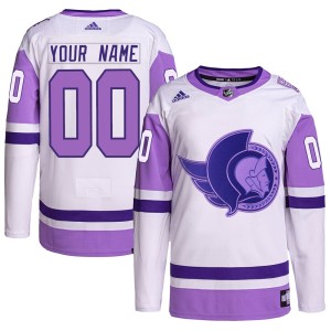 Custom Men's Adidas Ottawa Senators Authentic White/Purple Custom Hockey Fights Cancer Primegreen Jersey