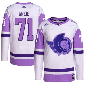 Ridly Greig Men's Adidas Ottawa Senators Authentic White/Purple Hockey Fights Cancer Primegreen Jersey