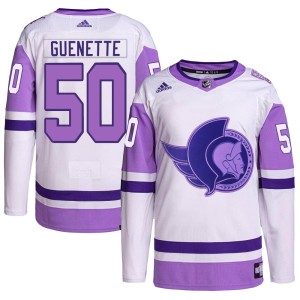 Maxence Guenette Men's Adidas Ottawa Senators Authentic White/Purple Hockey Fights Cancer Primegreen Jersey
