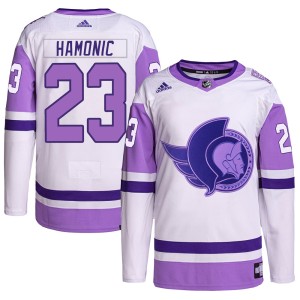 Travis Hamonic Men's Adidas Ottawa Senators Authentic White/Purple Hockey Fights Cancer Primegreen Jersey