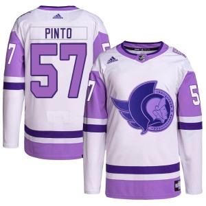 Shane Pinto Men's Adidas Ottawa Senators Authentic White/Purple Hockey Fights Cancer Primegreen Jersey