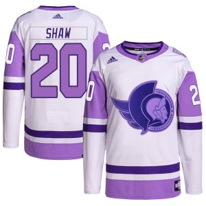 Logan Shaw Men's Adidas Ottawa Senators Authentic White/Purple Hockey Fights Cancer Primegreen Jersey