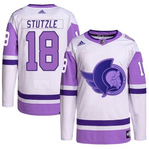 Tim Stutzle Men's Adidas Ottawa Senators Authentic White/Purple Hockey Fights Cancer Primegreen Jersey