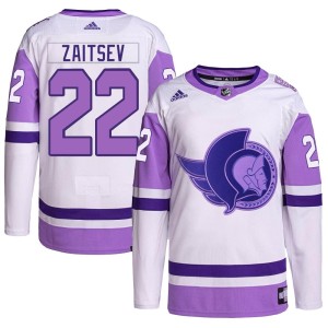 Nikita Zaitsev Men's Adidas Ottawa Senators Authentic White/Purple Hockey Fights Cancer Primegreen Jersey