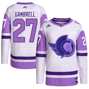 Dylan Gambrell Youth Adidas Ottawa Senators Authentic White/Purple Hockey Fights Cancer Primegreen Jersey
