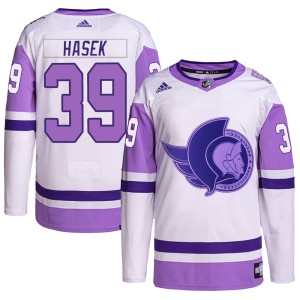 Dominik Hasek Youth Adidas Ottawa Senators Authentic White/Purple Hockey Fights Cancer Primegreen Jersey