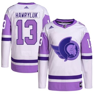 Jayce Hawryluk Youth Adidas Ottawa Senators Authentic White/Purple Hockey Fights Cancer Primegreen Jersey