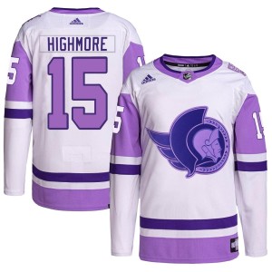 Matthew Highmore Youth Adidas Ottawa Senators Authentic White/Purple Hockey Fights Cancer Primegreen Jersey