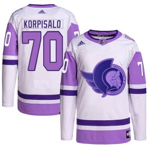 Joonas Korpisalo Youth Adidas Ottawa Senators Authentic White/Purple Hockey Fights Cancer Primegreen Jersey