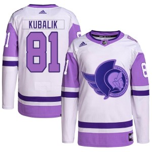Dominik Kubalik Youth Adidas Ottawa Senators Authentic White/Purple Hockey Fights Cancer Primegreen Jersey