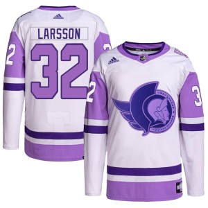 Jacob Larsson Youth Adidas Ottawa Senators Authentic White/Purple Hockey Fights Cancer Primegreen Jersey