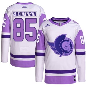 Jake Sanderson Youth Adidas Ottawa Senators Authentic White/Purple Hockey Fights Cancer Primegreen Jersey