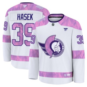 Dominik Hasek Youth Fanatics Ottawa Senators Premium White 2024 Hockey Fights Cancer Practice Jersey