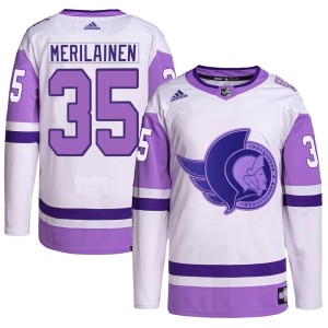 Leevi Merilainen Men's Adidas Ottawa Senators Authentic White/Purple Hockey Fights Cancer Primegreen Jersey